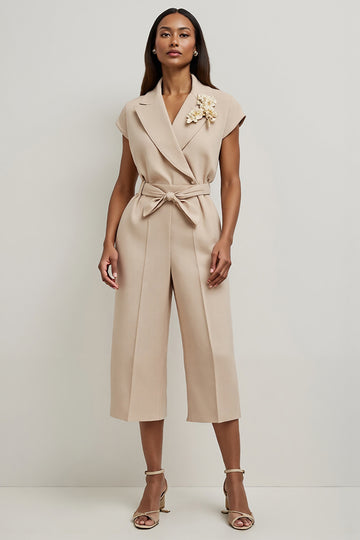 Khaki Notched Lapel Work Jumpsuits with Sleeves